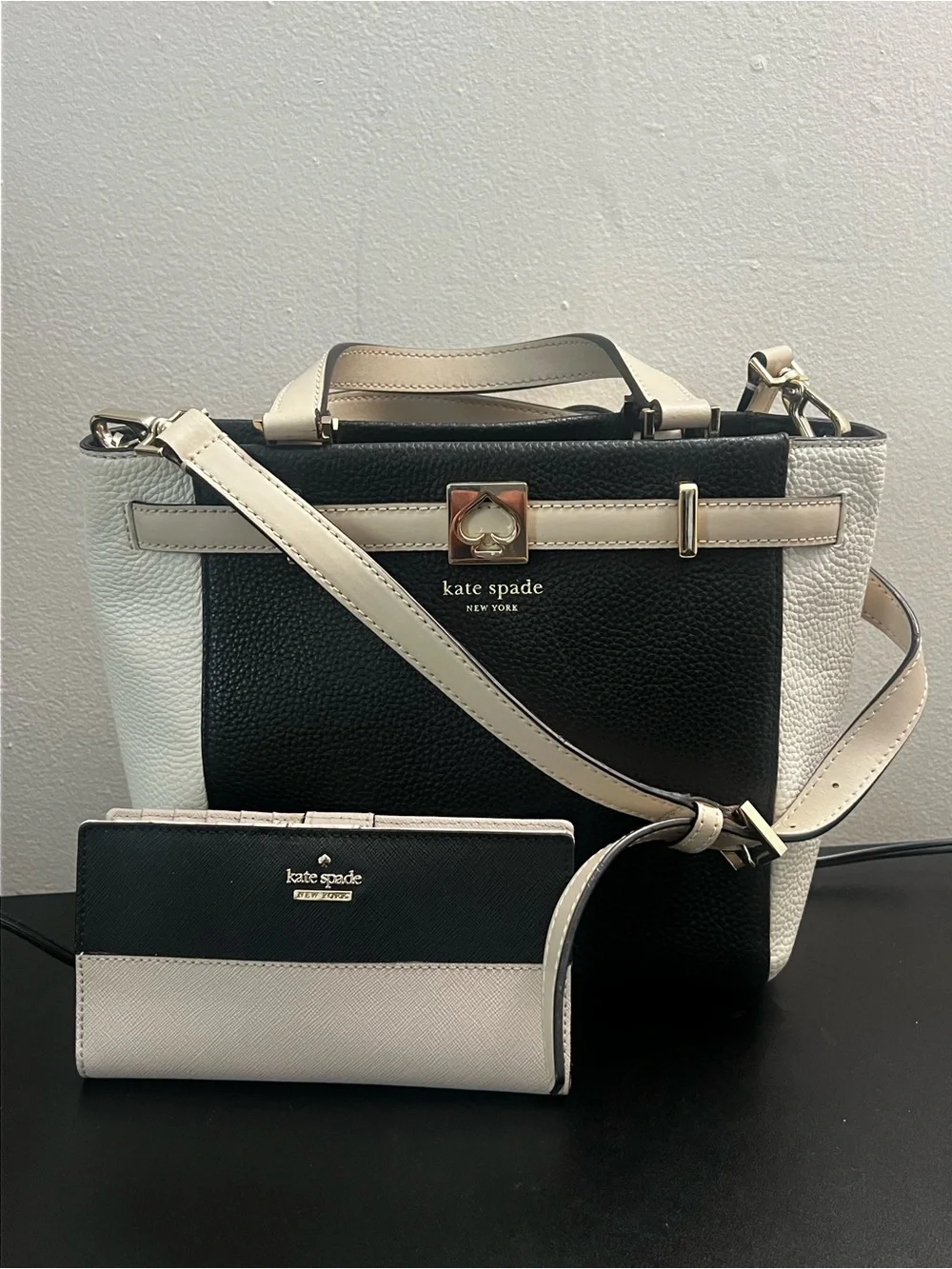 kate spade Black and Cream Leather Bi-Color Satchel with Matching Wallet